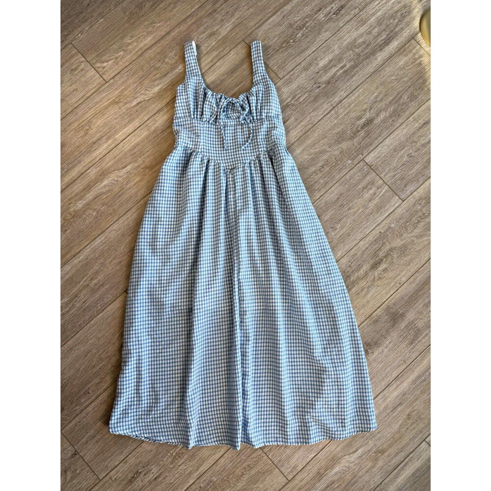 The Workshop Women's Blue/White Gingham Smocked Square Neck Midi Sundress M